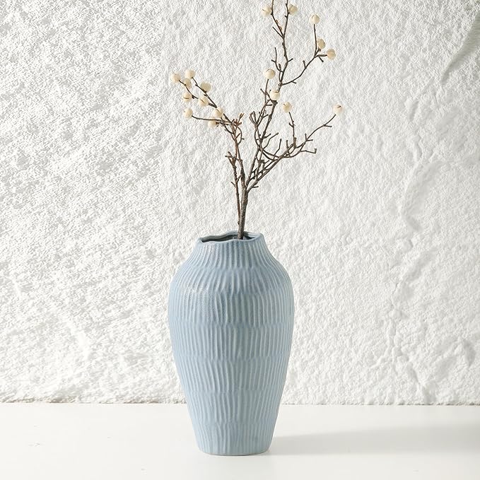 Ceramic Vase for Home Decor,11.6 Inch Flower Vases，Decorative Blue Vase for Pampas Grass，Modern Art Texture Vases for Home Entryway Living Room Dining Table Farmhouse Office Decor-Mat Blue-VerdiqueGarden