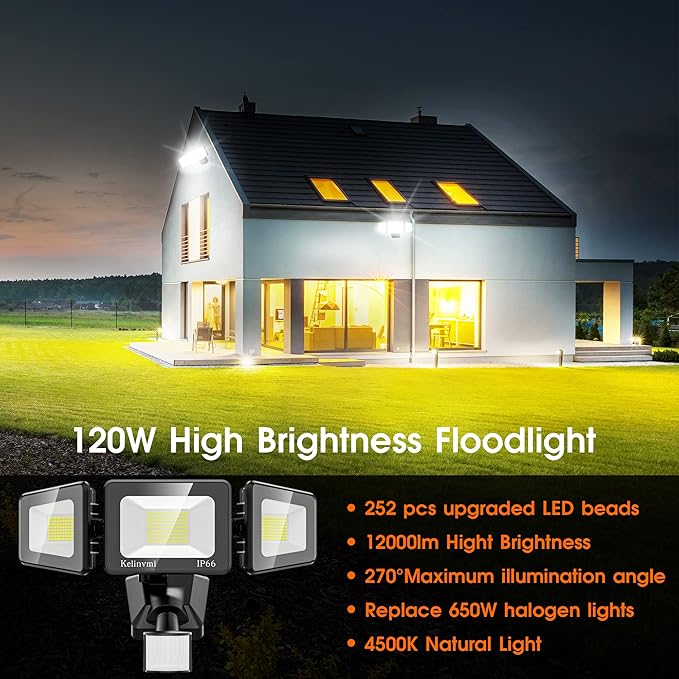 120W LED Flood Lights Outdoor with Motion Sensor, 12000LM 4500K Daylight, IP66 Waterproof Dusk to Dawn Outdoor Security Lights for Garage, Yard, Outside-VerdiqueGarden