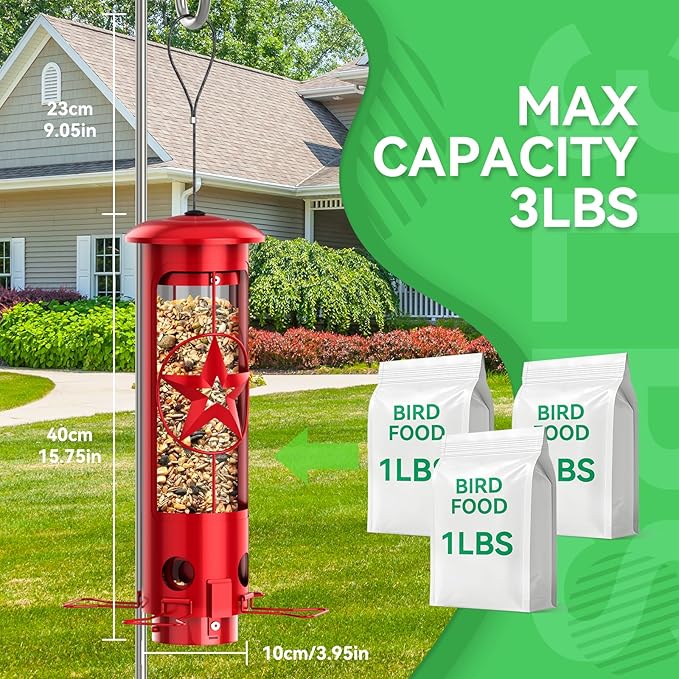Squirrel Proof Bird Feeders for Outdoors Hanging, Metal Squirrel Proof Bird Feeder with Gravity Protection, 3LB Large Capacity Wild Bird Feeders for Outside Finch, Cardinal, Blue Jay (Red)-VerdiqueGarden