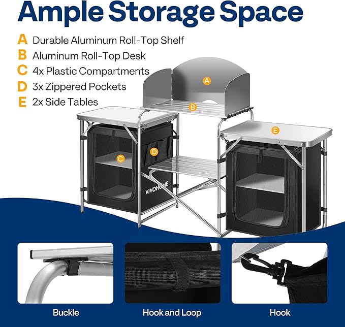 VIVOHOME Folding Camping Kitchen Station Table with Storage Organizer, 2 Side Tables, Stainless Steel Windscreen, Outdoor Portable Cook Station for BBQ, Picnics-VerdiqueGarden