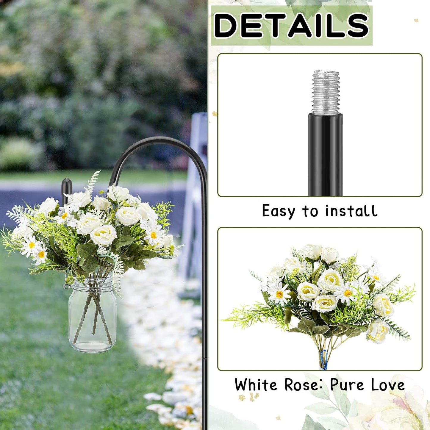 8 Sets Wedding Aisle Decoration Include 16 oz Rose Daisy Hanging Mason Jar 32" Shepherds Hooks Rustic Mason Jar with Faux Rose and Daisy for Outdoor Wedding Isle Ceremony Decorations-VerdiqueGarden