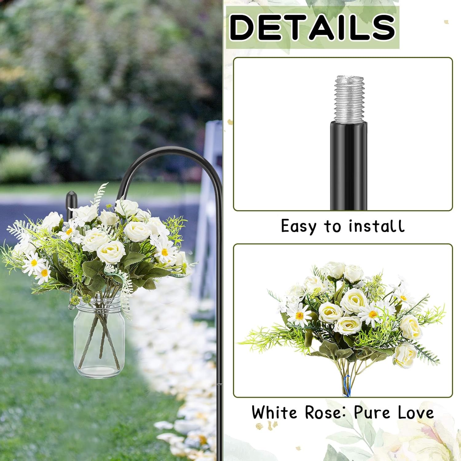 8 Sets Wedding Aisle Decoration Include 16 oz Rose Daisy Hanging Mason Jar 32" Shepherds Hooks Rustic Mason Jar with Faux Rose and Daisy for Outdoor Wedding Isle Ceremony Decorations-VerdiqueGarden