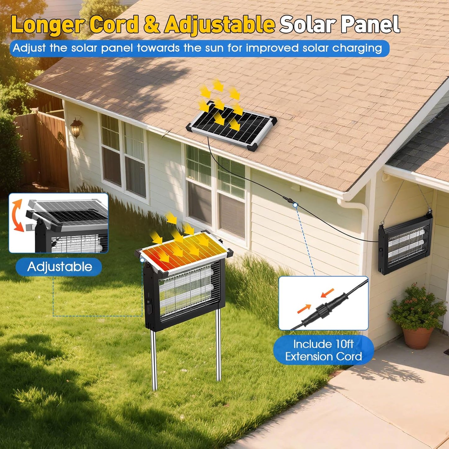 Bug Zapper Outdoor Solar Powered, Zwiran Mosquito Zapper Indoor with 4500V High Powered, Electric Fly Zapper with Extension Cord and Grounding Bracket, Rechargeable Waterproof Mosquito Killer-VerdiqueGarden