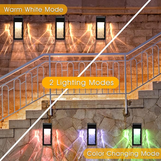 Metal Solar Lights Outdoor, 4 Pack Textured Glass Solar Fence Lights, Solar Wall Lights Outdoor Waterproof, Fence Lights Solar Powered for Yard Porch Patio Garden Decor (Warm/Color Changing)-VerdiqueGarden