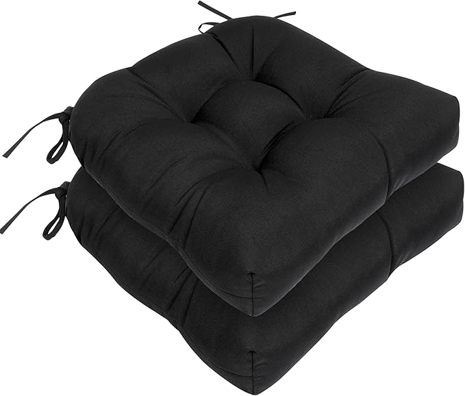 RACE LEAF Outdoor Cushions 17" x 17" Patio Chair Seat Pads, Set of 2 Thick Fill Tufted Square Patio Cushions, Water-Resistant Olefin Chair Seat Cushion with Ties for Non-Slip Support, Black-VerdiqueGarden