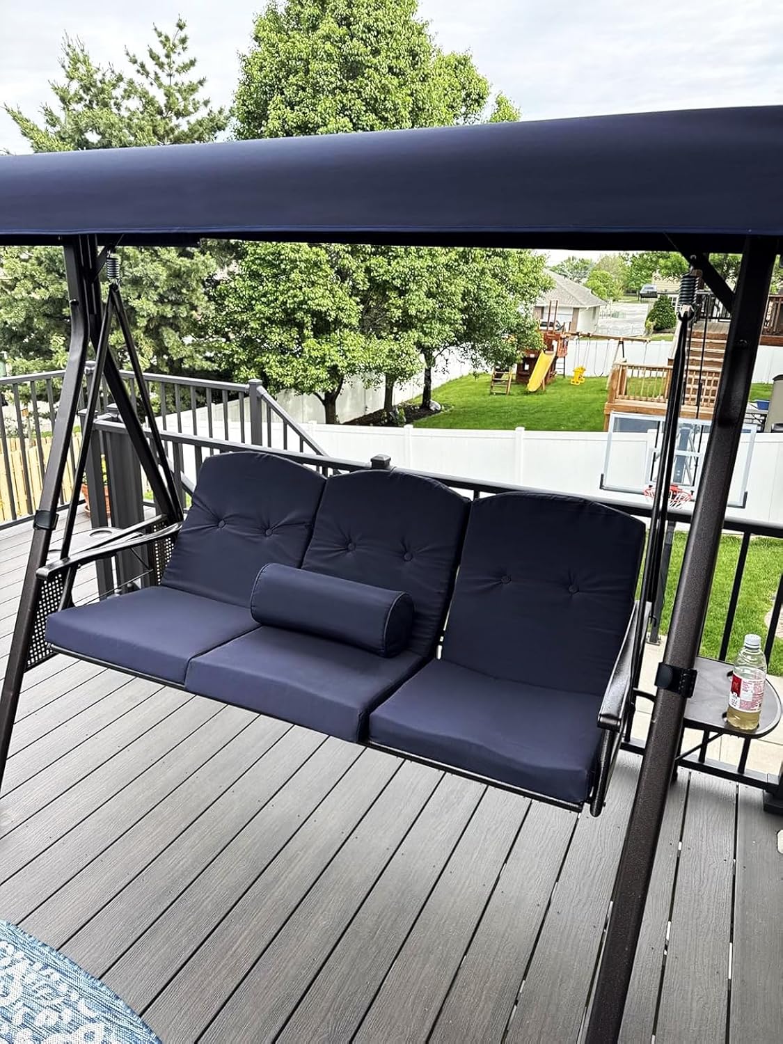 PURPLE LEAF 3-Seat Deluxe Outdoor Patio Porch Swing with Weather Resistant Steel Frame, Adjustable Tilt Canopy, Cushions and Pillow Included, Navy Blue-VerdiqueGarden
