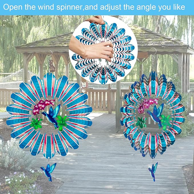 TUOKING Hummingbird Wind Spinners Outdoor Garden Decor 12 Inch 3D Hanging Wind Sculpture Stainless Steel Wind Spinner for Yard and Garden Decoration Worth Gift for Women-VerdiqueGarden