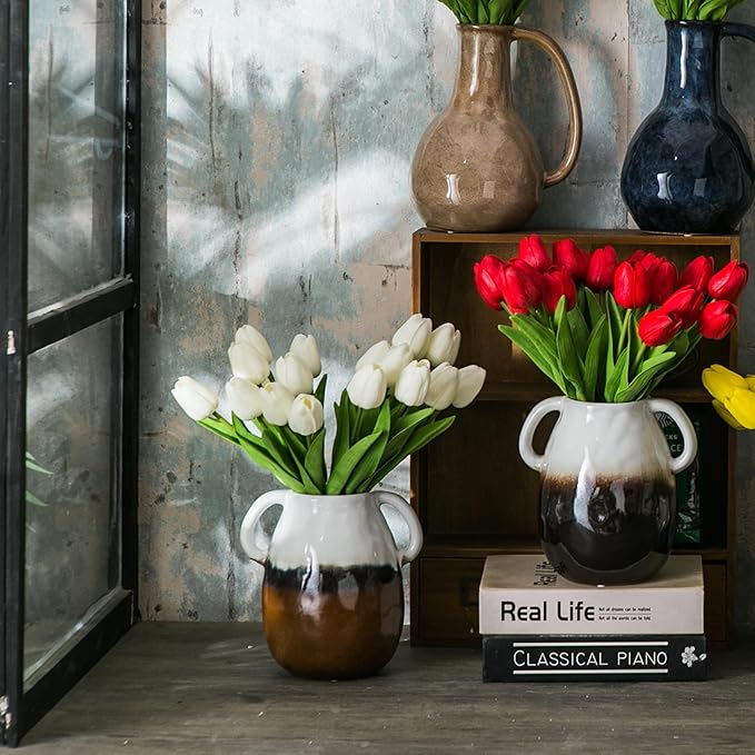 Multi Gradient Ceramic Vase with 2 Handles, Modern Farmhouse Decor, Rustic Terracotta Pottery, Decorative Flower Vases, Clay Small Vase, Centerpiece for Dining Table - 7 Inch Tall-VerdiqueGarden