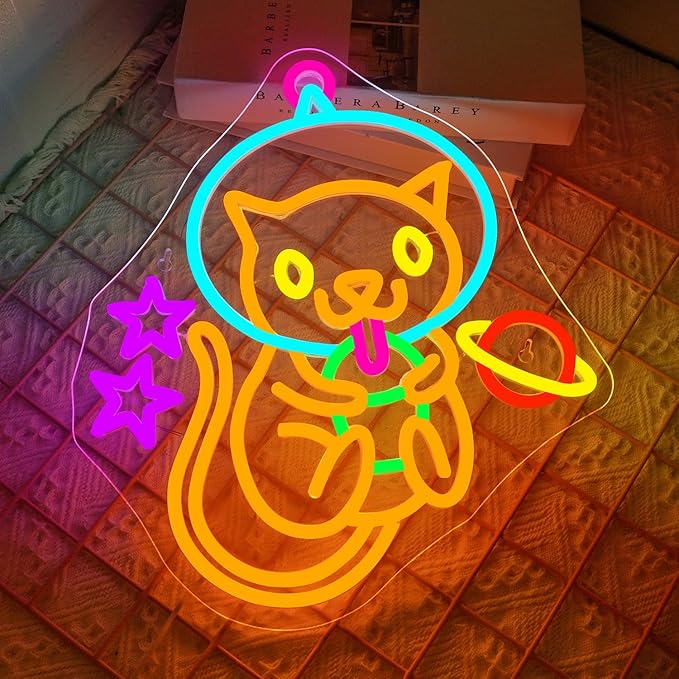 Astronaut Boba Tea Cat Neon Sign Cat Neon Lights for Wall Decor Cute Kitty with Stars Asteroids Anime Led Light Sign for Kids Bedroom Dimsum Store Cofes Bar Milk Tea Shop-VerdiqueGarden