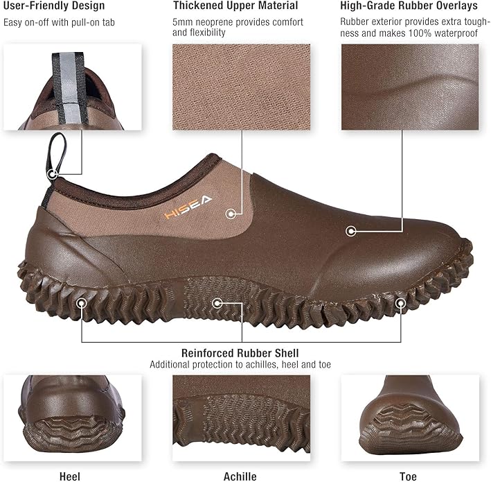 HISEA Unisex Waterproof Garden Shoes, Men's Rubber Rain Boots Women's Ankle Rain Shoes Neoprene Camp Booties Outdoor Slip-On Footwear for Gardening, Farming, Camping, Car Wash, Lawn Care and Yard Work-VerdiqueGarden