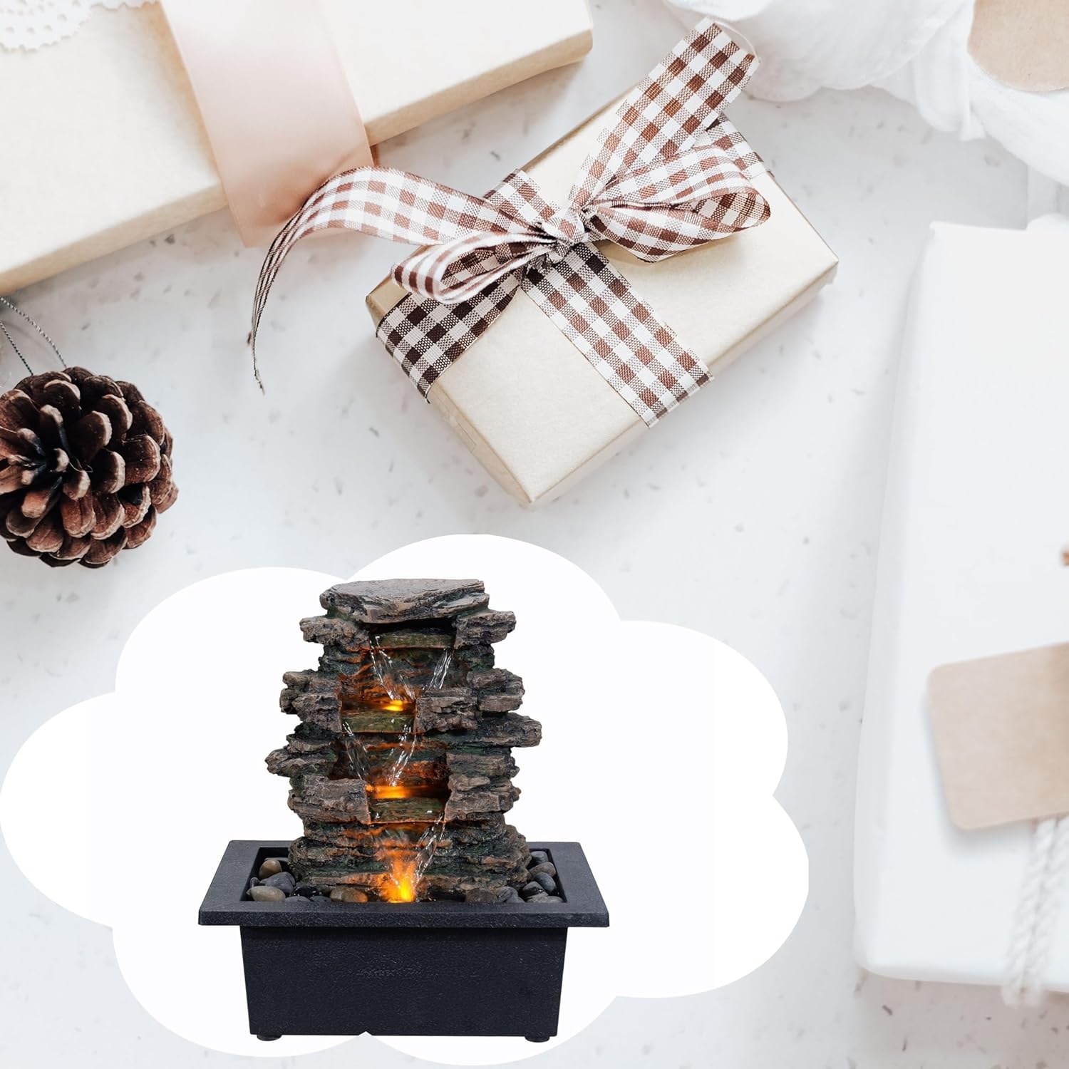 Tabletop Water Fountain, Home Décor Soothing Sound Machine with Automatic Pump, Deep Basin and Natural River Rocks. Indoor Zen Relaxation for Office, Living Room, or Bedroom Décor.-VerdiqueGarden