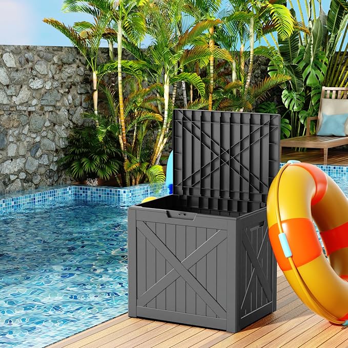 32 Gallon Resin Deck Box, Lockable Outdoor Storage Box for Patio Cushions Storage Furniture,Garden Tools, Pool Supplies, Weatherproof and UV Resistant（Black X）-VerdiqueGarden