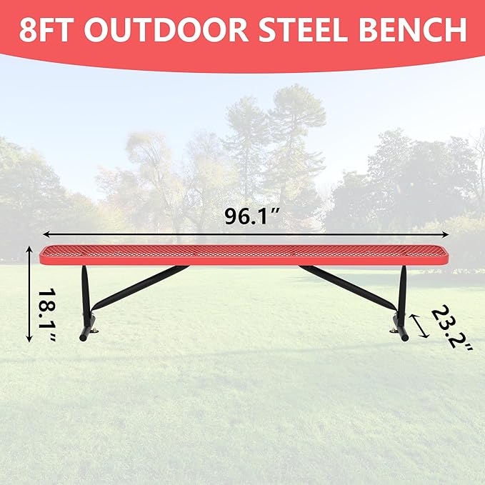 48" L Outdoor Steel Flat Bench, Heavy Duty Metal Park Bench for Outside, Expanded Metal, Commercial Benches Mesh Bench for Shopping Mall, Store, Lawn, Park, Patio, Deck, Garden (Red, 8FT)-VerdiqueGarden