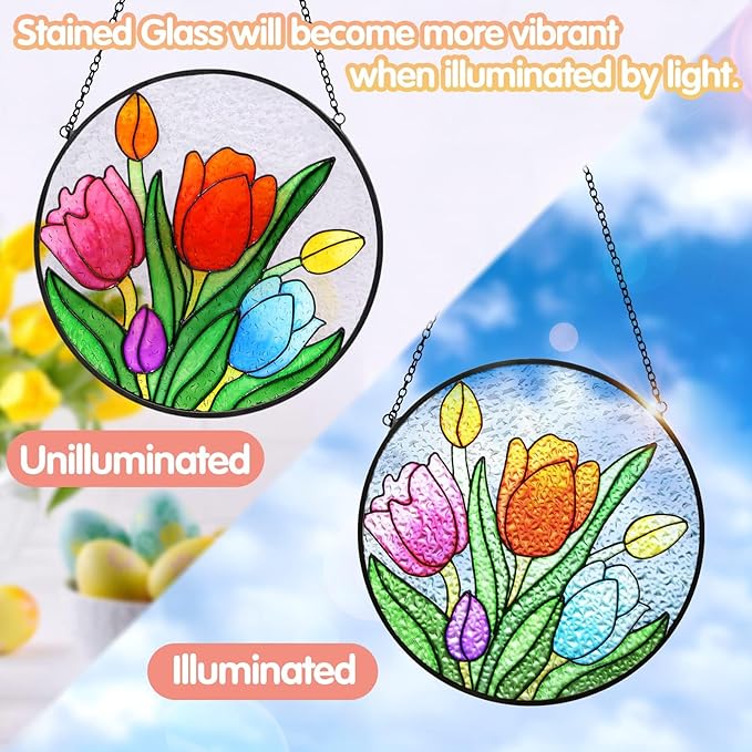 Tuitessine Tulip Suncatcher Stained Glass Window Hanging Panels, 6.3''x6.3'' Round Handmade Hanging Ornament with Chain, Garden Patio Wall Decor Flower Gift for Mom Teachers Friends-VerdiqueGarden