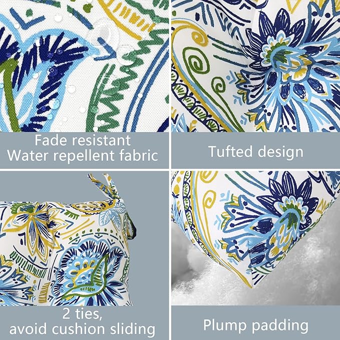 LVTXIII 2 Pack Outdoor/Indoor High Back Chair Cushions, Deep Seat Patio Seat and Back Cushion Set, Stuffed High Rebound Foam Rocking Chair Cushions, 44”x22”x4”, Paisley Blue-VerdiqueGarden