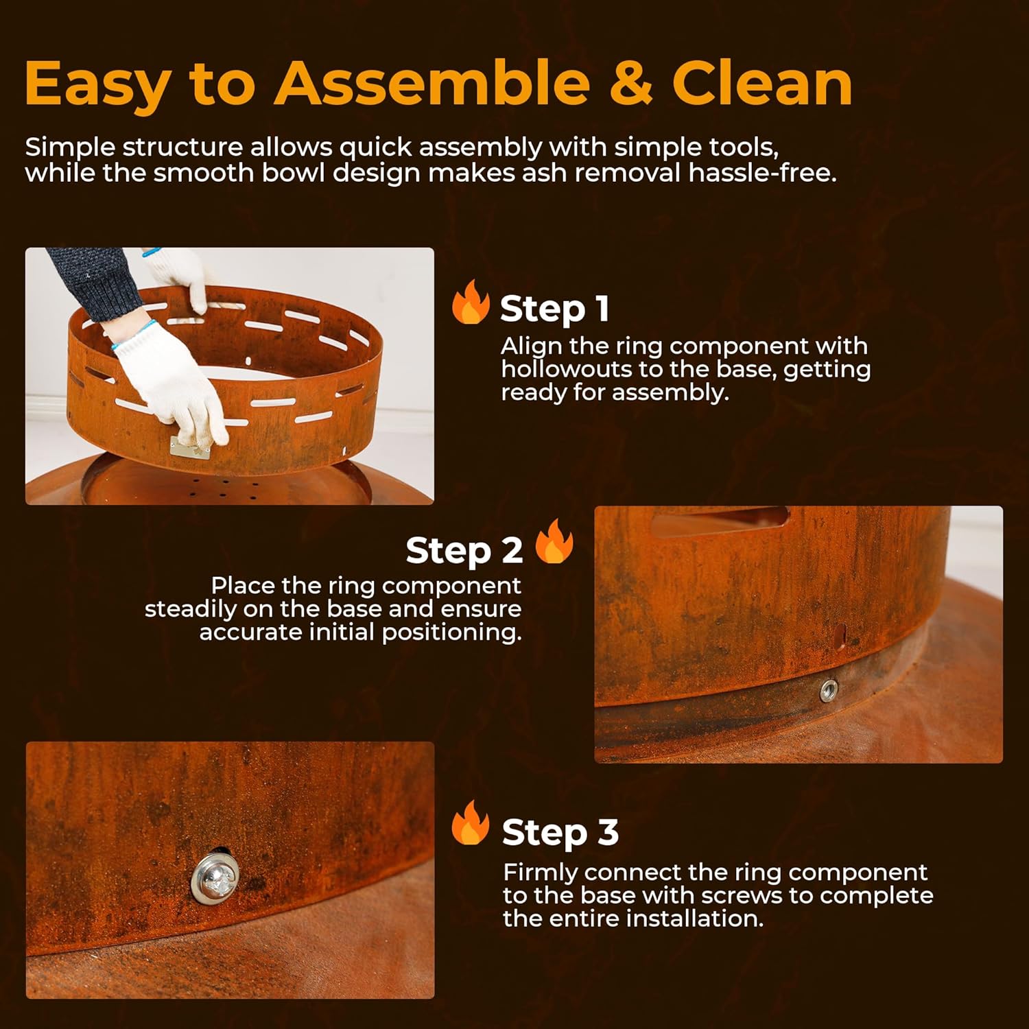 KOL 35" Dia. Heavy-Duty Fire Pit - Pre-Rusted Corten Steel Round Firepit Large Fire Bowl with Stand - Weathering Steel Wood Burning Fireplaces for Outside Backyard Deck Party Bonfire-VerdiqueGarden