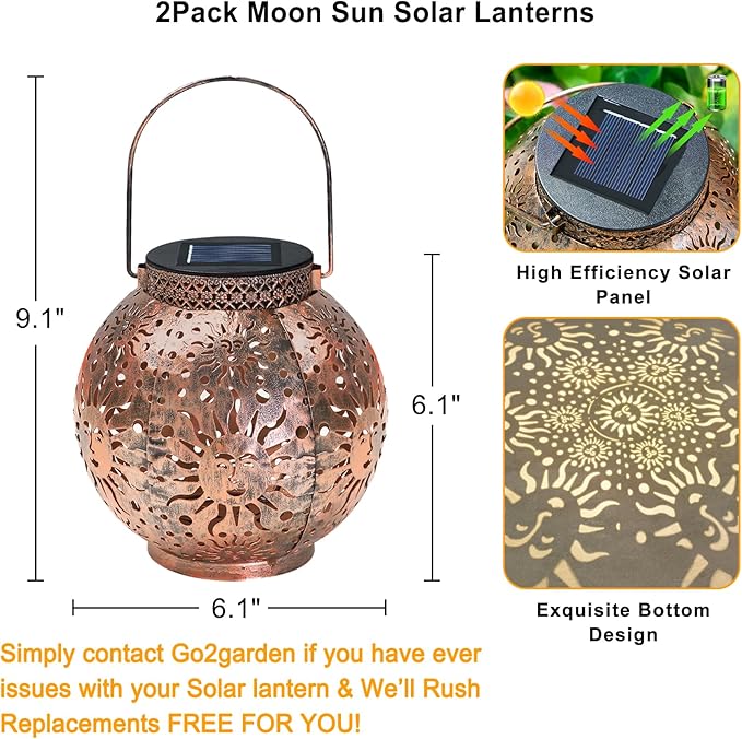 Go2garden Outdoor Solar Lanterns Waterproof Garden Gifts Women Yard Decorations Metal Moon Sun Hanging Solar Lights for Patio, Balcony, Tabletop,Birthday Mothers Day Gifts for Mom (Bronze,2Pack)-VerdiqueGarden