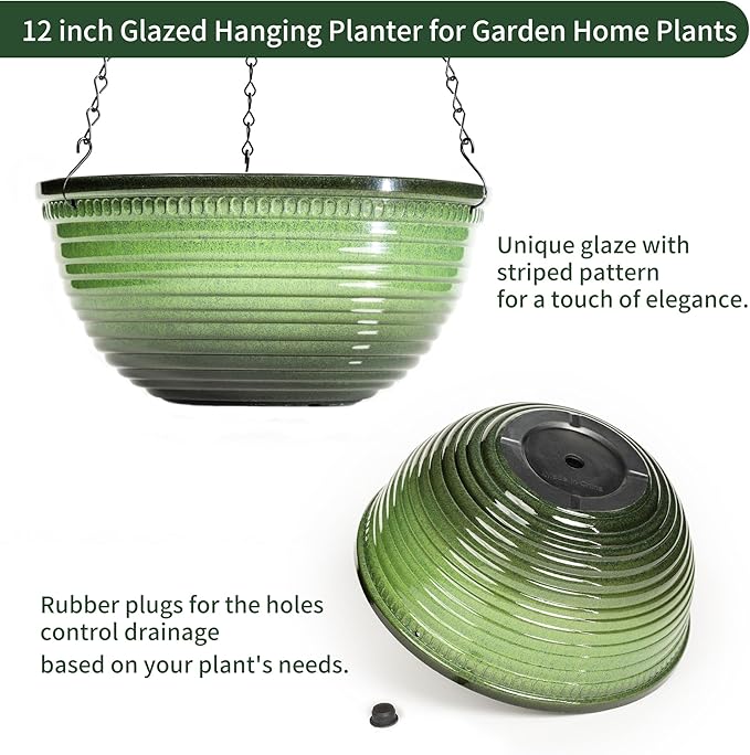 12 inch Hanging Planters for Indoor Outdoor Plants, 2 Pack Large Hanging Flower Pots with Drainage Holes and Chain, Glazed Hanging Baskets for Home Garden Decoration, Green-VerdiqueGarden