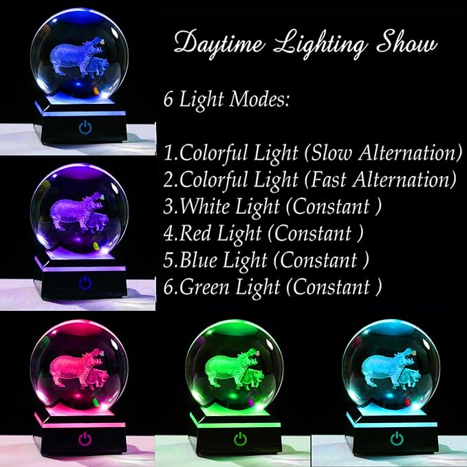 Qianwei Hippopotamus Gifts for Women 3D Crystal Ball 3.14'' - Laser Hippopotamus Decor Glass Animals Hippo Gifts Figurines Statue Stuff for Room Decorations Hippo Night Light-VerdiqueGarden