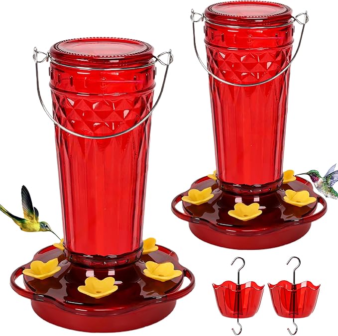 Hummingbird Feeder 2pack-14Ounces，5 Feeding Ports Glass Hummingbird feeders for Outdoors,Wide Mouth for Easy Filling/Cleaning，Hanging for Garden Backyard Decor, Includes Ant Moat (Red)-VerdiqueGarden