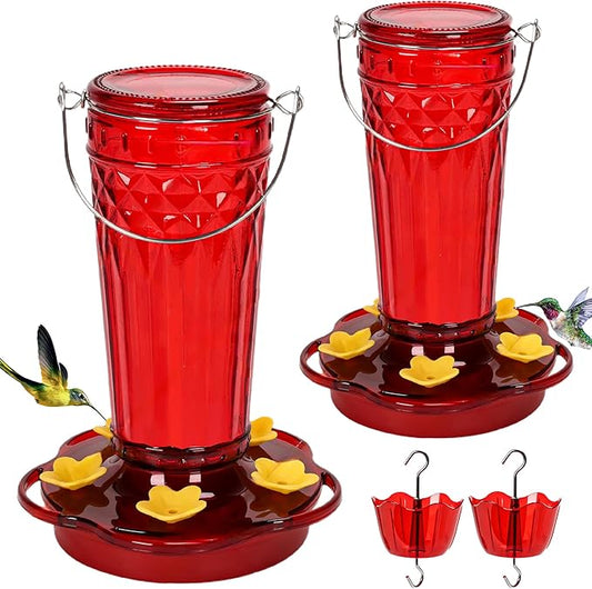 Hummingbird Feeder 2pack-14Ounces，5 Feeding Ports Glass Hummingbird feeders for Outdoors,Wide Mouth for Easy Filling/Cleaning，Hanging for Garden Backyard Decor, Includes Ant Moat (Red)-VerdiqueGarden