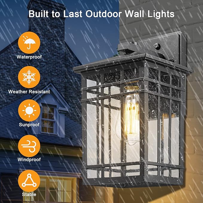 Dusk to Dawn Outdoor Wall Lantern,Exterior Wall Mount Light, 1-Light Outdoor Wall Lighting Fixture for Porch,Garage, Patio, Hallway and Entryway (Black-Wall Light, 1 Pack),DDAMS-W18-VerdiqueGarden