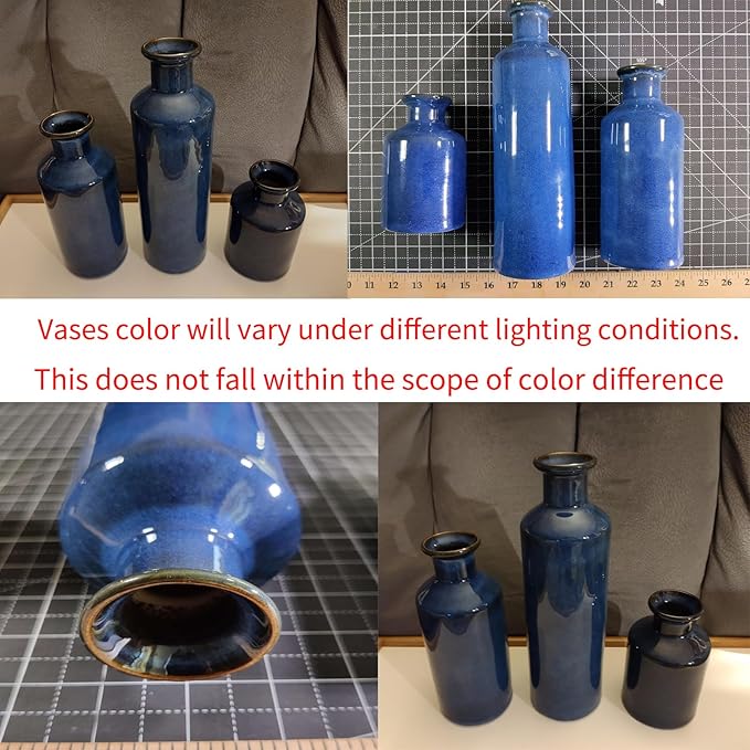 Blue Ceramic Vase Set of 3,Home Decorative Flower Vase,Small vase Set for Farmhouse Living Room Bedroom Tabletop Decor,Office Bookshelf Centerpiece Entrance Decoration-VerdiqueGarden