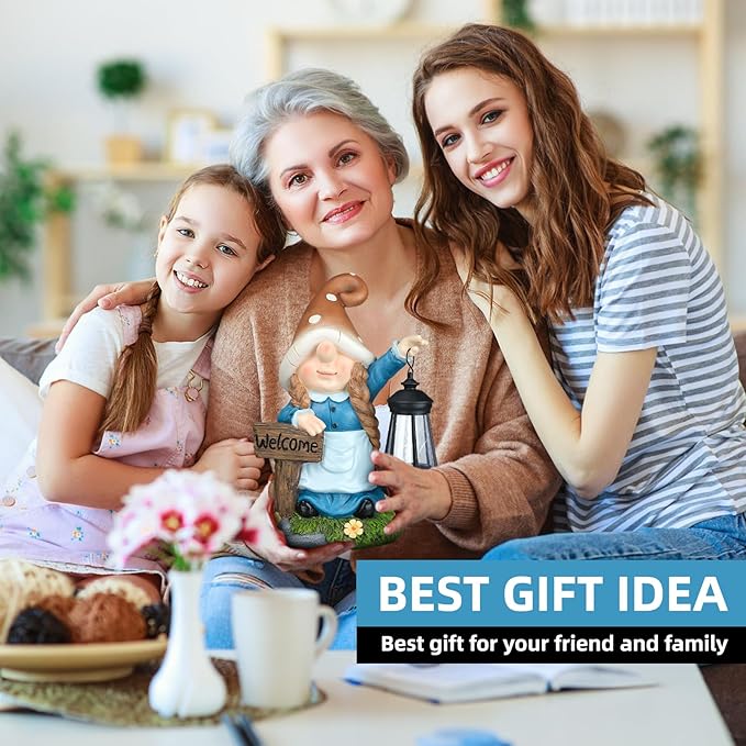 Solar Large Gnome Garden Statue with Welcome Sign Outdoor Decor with LED Lantern Funy for Porch Yard Patio Lawn Ornament Christmas Housewarming Gardening Gift-VerdiqueGarden