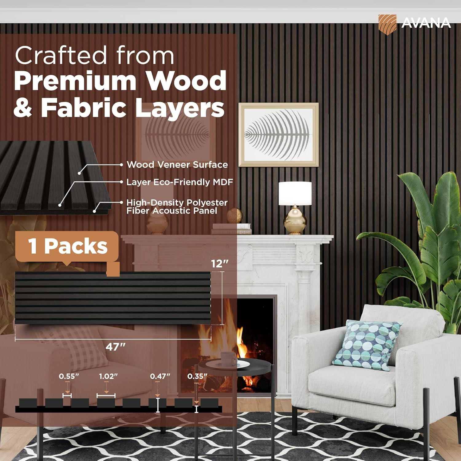 Avana Acoustic Wood Wall Panels – 47.2 x 12.6 Inch Smoke Oak Acoustic Panels 1 PC – Wall Panels For Interior Wall Decor for Homes, Offices, Studios – Modern Sturdy & Durable Wood Panels For Wall-VerdiqueGarden