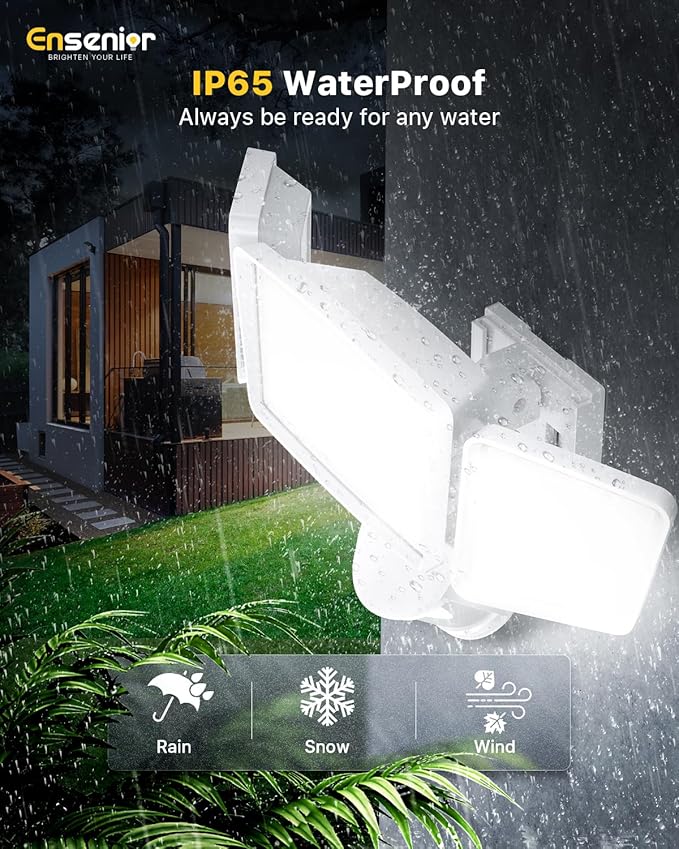 Ensenior 1800LM Solar Flood Lights Outdoor, Motion Sensor Outdoor Light 6500K, IP65 Waterproof, Separate Solar Panel, Solar Security Light with 5 Sensor Modes and 3 Adjustable Head for Yard (White)-VerdiqueGarden