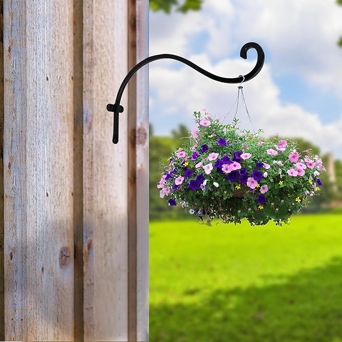 Hourleey 4 Pack Plant Hanger Outdoor, 12 Inch Heavy-Duty Hanging Plant Hook for Outside Basket, Black Metal Wall Mount Plant Bracket Hook for Flower Baskets Bird Feeder-VerdiqueGarden