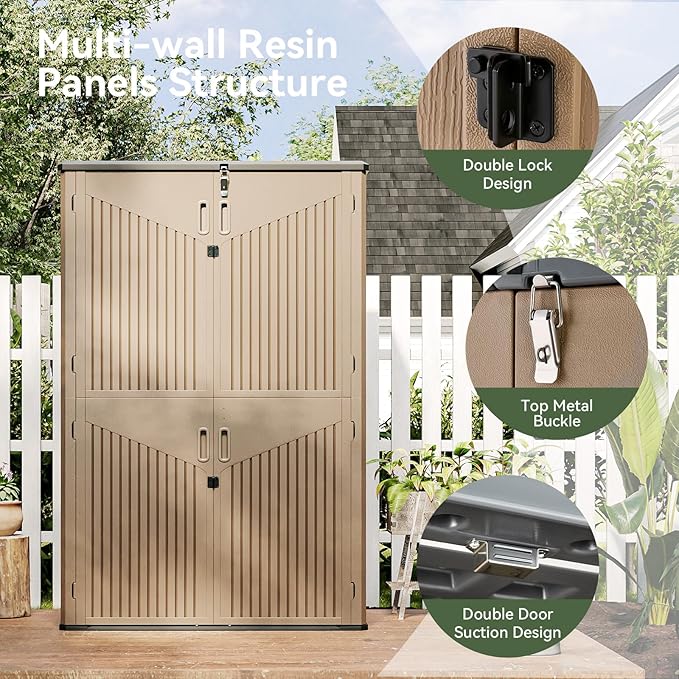 Aoxun Outdoor Storage Shed, 64 Cu.Ft Vertical Storage Sheds Outdoor with Floor, Outdoor Waterproof Storage Cabinet for Garage Storage, Pool Storage, Bike Shed, Garden Shed (Brown)-VerdiqueGarden