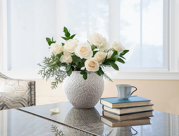 White Ceramic Vase Flower Vase, Big Textured Round Vase for Centerpieces, Kitchen, Living Room, Bedroom Decor Gifts-VerdiqueGarden