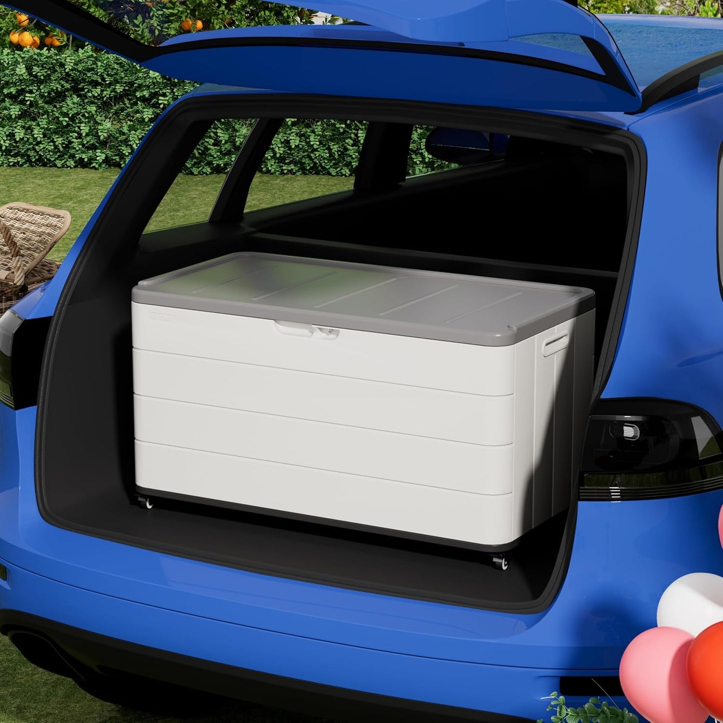 100GAL White Resin Deck Box with Wheels – Lockable, Waterproof, SGS-Tested UV Resistance, Spacious Outdoor Storage for Patio Cushions & Pool Gear, Easy Assembly-VerdiqueGarden