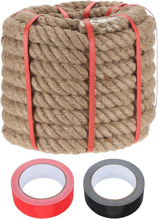 MECCANIXITY Jute Rope 1.2 Inch x 49ft, Thick Twine Rope Ropes Braided Jute Twine Natural Brown Burlap Cord String Heavy Twisted with Tapes for Decorative Crafts Railing Swing Tug of War-VerdiqueGarden