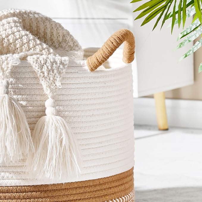 KAKAMAY Large Blanket Basket (20"x13"),Woven Baskets for storage Baby Laundry Hamper, Cotton Rope Blanket Basket for Living Room, Laundry, Nursery, Pillows, Baby Toy chest (White/Brown)-VerdiqueGarden