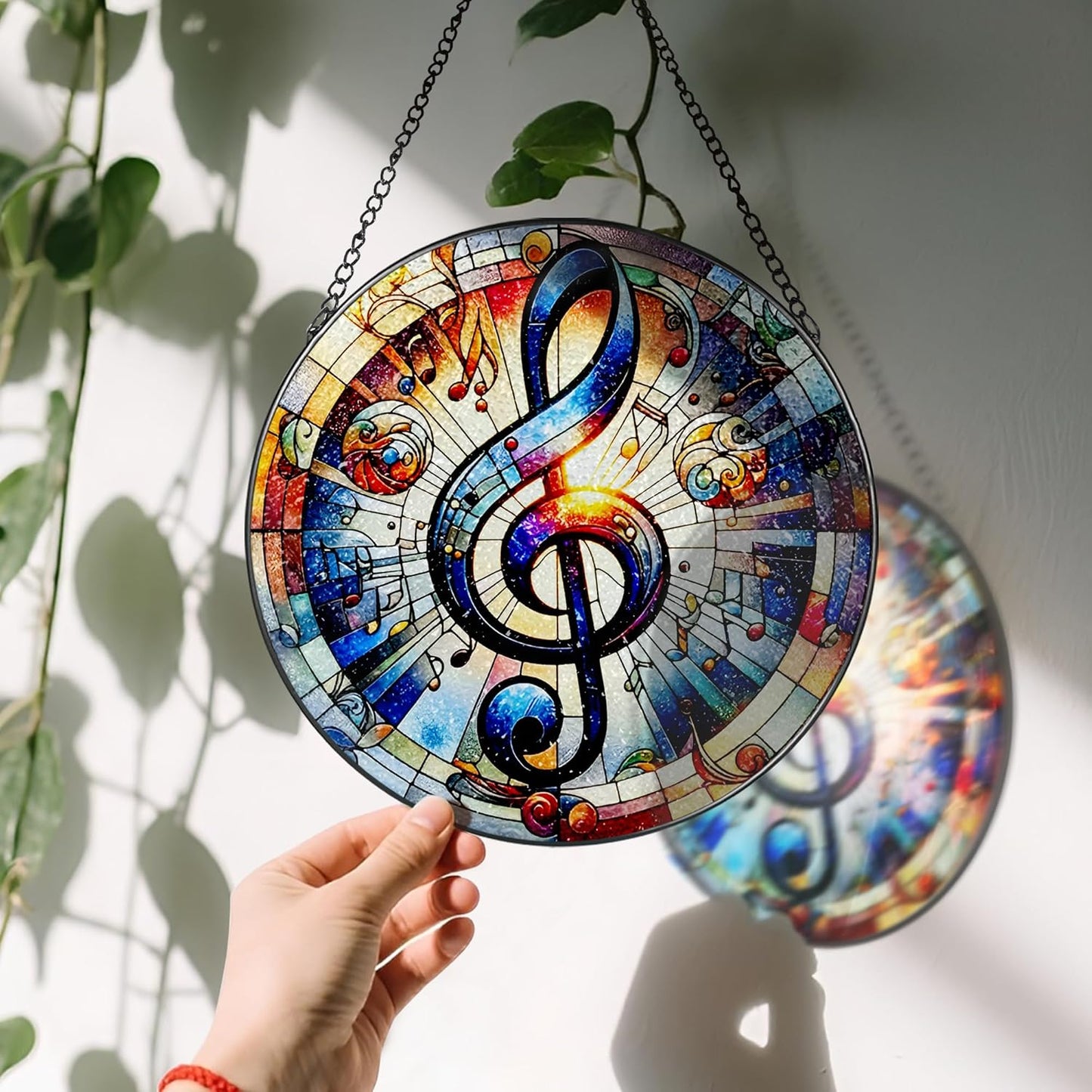 Stained Glass Window Hanging, LAOWEIKI 8'' Musical Note Suncatcher, Stained Glass Ornament, Suncatchers for Windows Hanging, Window Decor, Outdoor or Indoor, Gifts for Friends, Music Lover-VerdiqueGarden