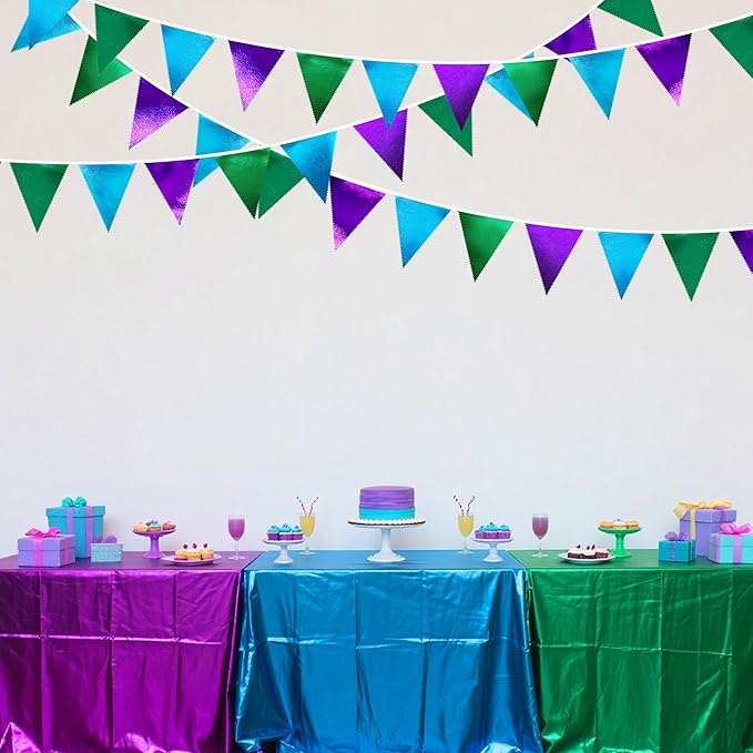 Blue Green Purple Party Decorations Metallic Fabric Triangle Pennant Banner Flag Bunting for Men Boys Video Game Theme Birthday Graduations Retirement Wedding Bachelor Baby Shower Party Supplies-VerdiqueGarden
