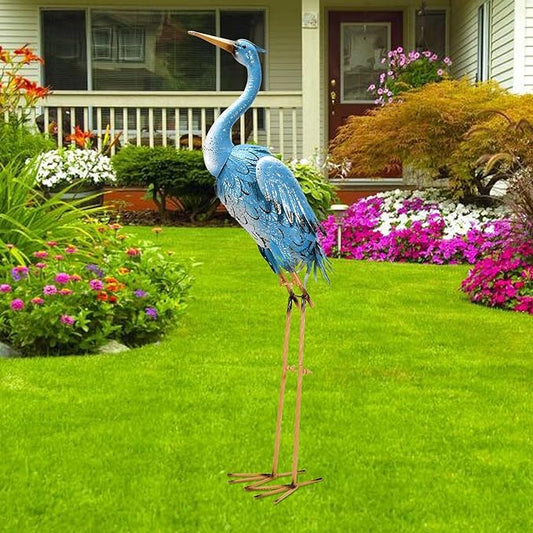 Nacome Large Standing Blue Metal Crane Garden Statue: Indoor Outdoor Heron Animal Sculpture for Patio Backyard Porch Yard Bird Art Lawn Decor - 36.6inch Gifts for Grandma Mom-VerdiqueGarden