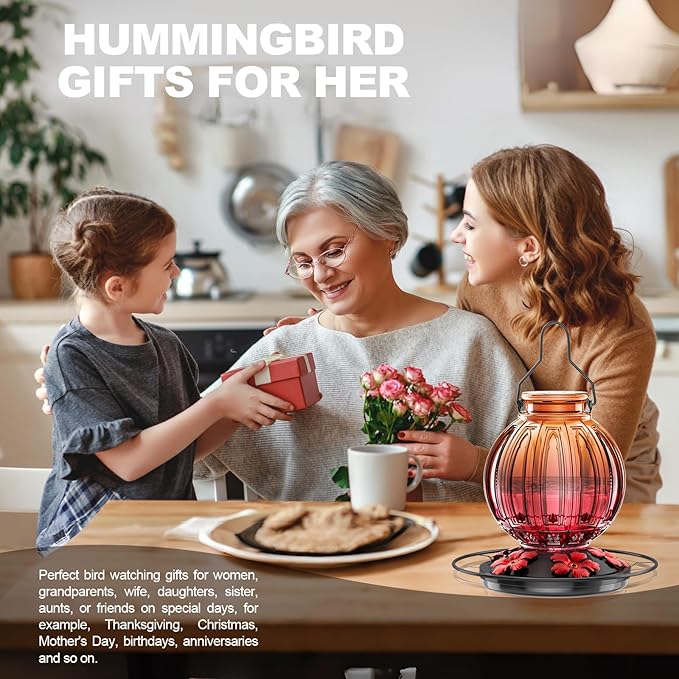Glass Hummingbird Feeder for Outdoors Hanging, 26Oz Bird Nectar Feeder with Perch & 5 Flower Feeding Ports, Leak Proof for Outside Garden Decor Backyard, Gifts for Women Mom, Clear & Red-VerdiqueGarden