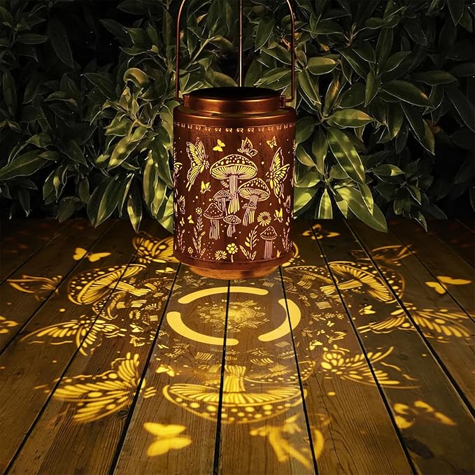 Solar Lanterns Outdoor Waterproof Mushroom Butterfly Garden Decor Gifts for Women Mon Grandma Metal Hanging Solar Lights Decoration for Outside LED Lanterns for Yard Patio Lawn Pathway Landscape-VerdiqueGarden