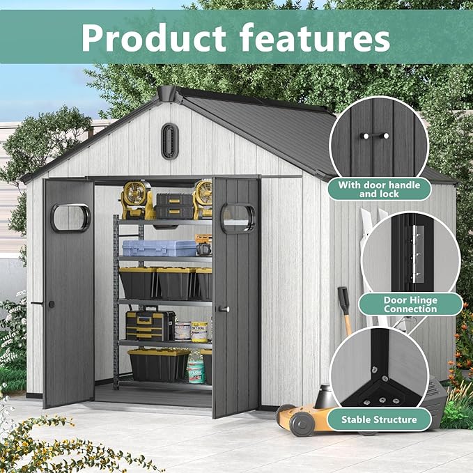 Aoxun 10X8FT Outdoor Shed with Floor, Resin Storage Shed with Lockable Door, Garden Utility Tool Shed Storage House for Backyard, Patio, Lawn-VerdiqueGarden