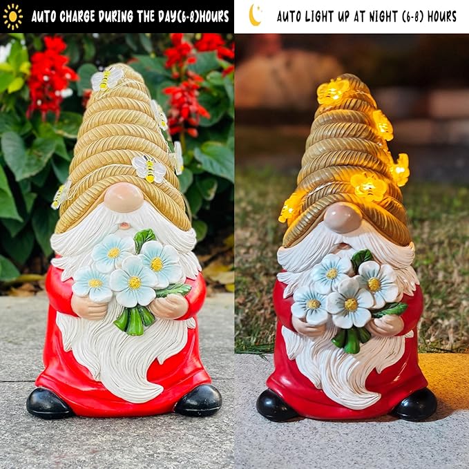 Outdoor Garden Gnomes Statue, Bee Flower Gnome Sculpture, with Solar LED Lights for Yard, Patio, Lawn Ornaments for Garden, Patio Gnome Gifts for Mom-VerdiqueGarden