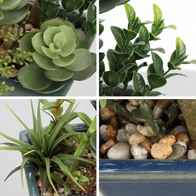 Small Faux Plant Assorted Fake Succulents Plants with Glazed Ceramic Pot Faux Succulents Arrangement Cement Potted Desk Plants Small Fake Plants for Home Table Office Bathroom Shelf Living Room Decor-VerdiqueGarden