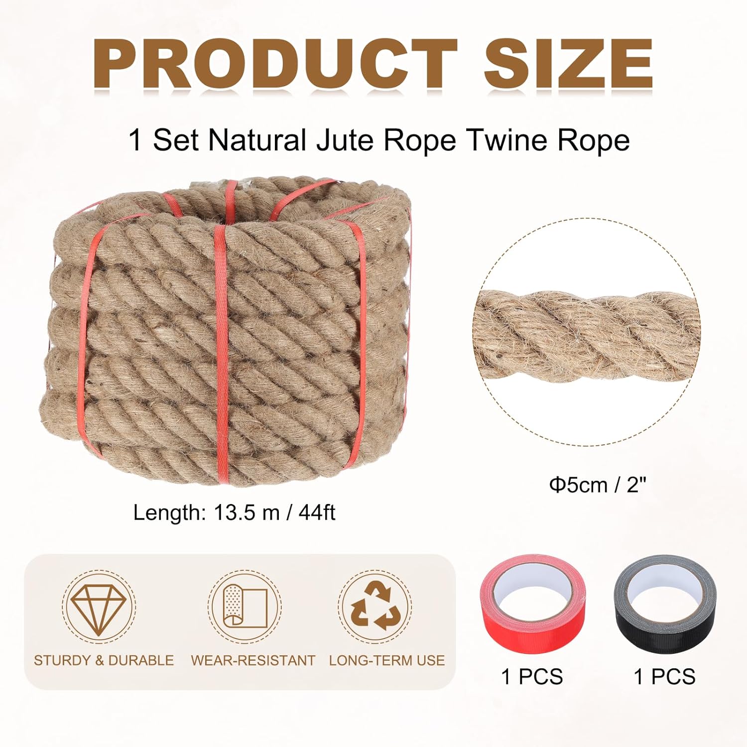 MECCANIXITY Jute Rope 2 Inch x 44ft, Thick Twine Rope Ropes Braided Jute Twine Natural Brown Burlap Cord String Heavy Twisted with Tapes for Decorative Crafts Railing Swing Tug of War-VerdiqueGarden