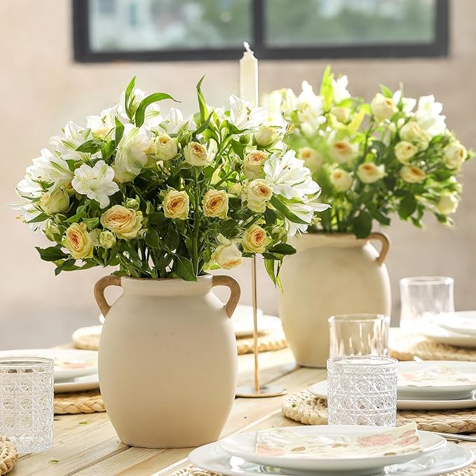 Ceramic Flower Vase 7.6 inch Farmhouse Rustic Vase Decorative Pottery Terracotta Vases for Home Decor Table Mantle Fireplace Living Room Bathroom Wedding Centerpiece-VerdiqueGarden