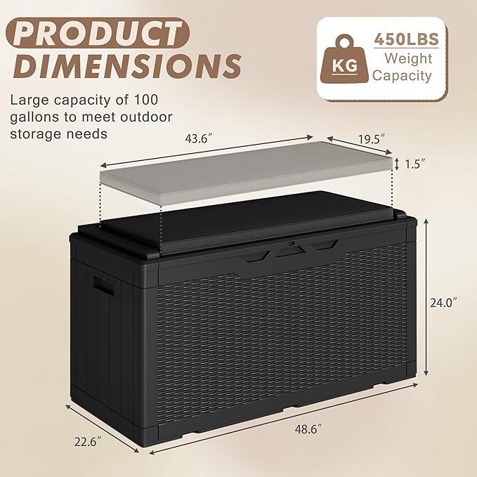 Devoko 100 Gallon Deck Box, Waterproof Outdoor Storage Box with Cushion (Black)-VerdiqueGarden