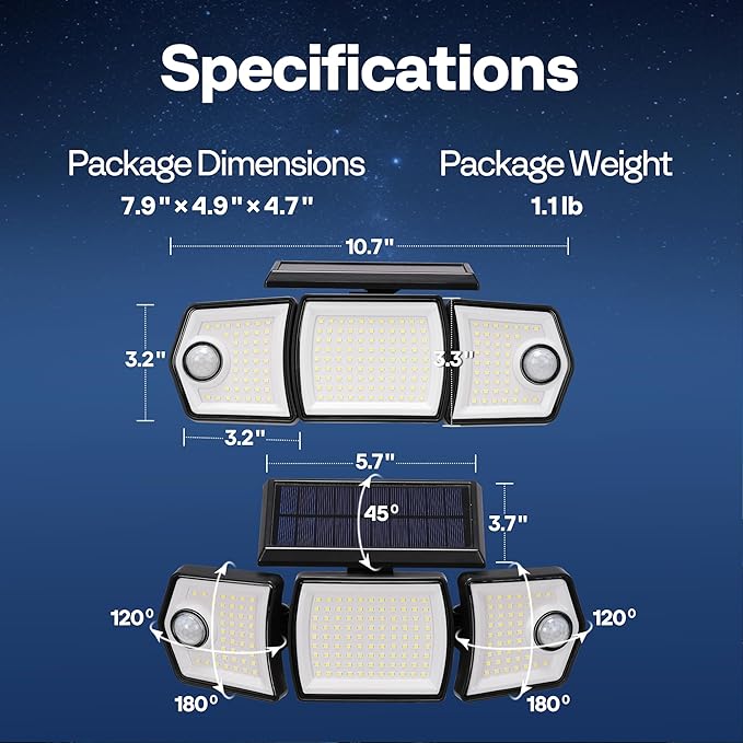 VIVOHOME Linkable Solar Flood Lights Outdoor, 2 Adjustable Motion Sensors Security Lights with 3 Heads, 2500LM, IP65 Waterproof, Solar Powered for Outside, Yard, Porch, Patio-VerdiqueGarden