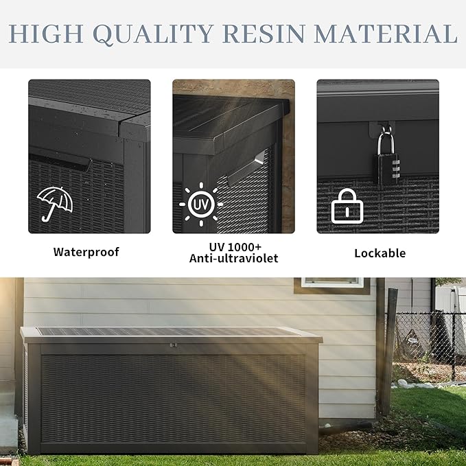 NUNU LAB 260 Gallon Outdoor Storage Box,Resin Large Sturdy Deck Box, Backyard Outside Storage Box Waterproof with Double Wall Panels,Package Delivery Garden Outdoor Hose Bin-VerdiqueGarden