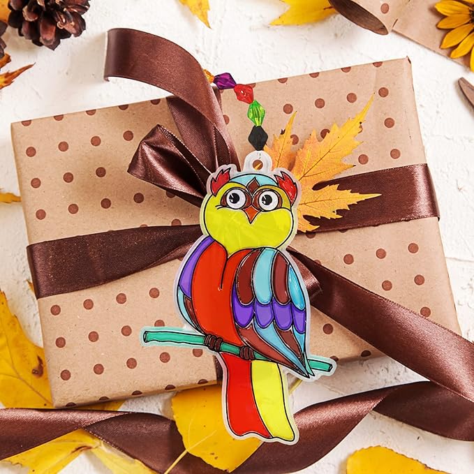 Winlyn 24 Sets Owl Suncatchers Ornaments Decorations DIY Window Paint Art Suncatchers Owl Craft Kits Sun Catchers for Kids Home Classroom Winter Holiday Season Fall Christmas Activities Party Favors-VerdiqueGarden